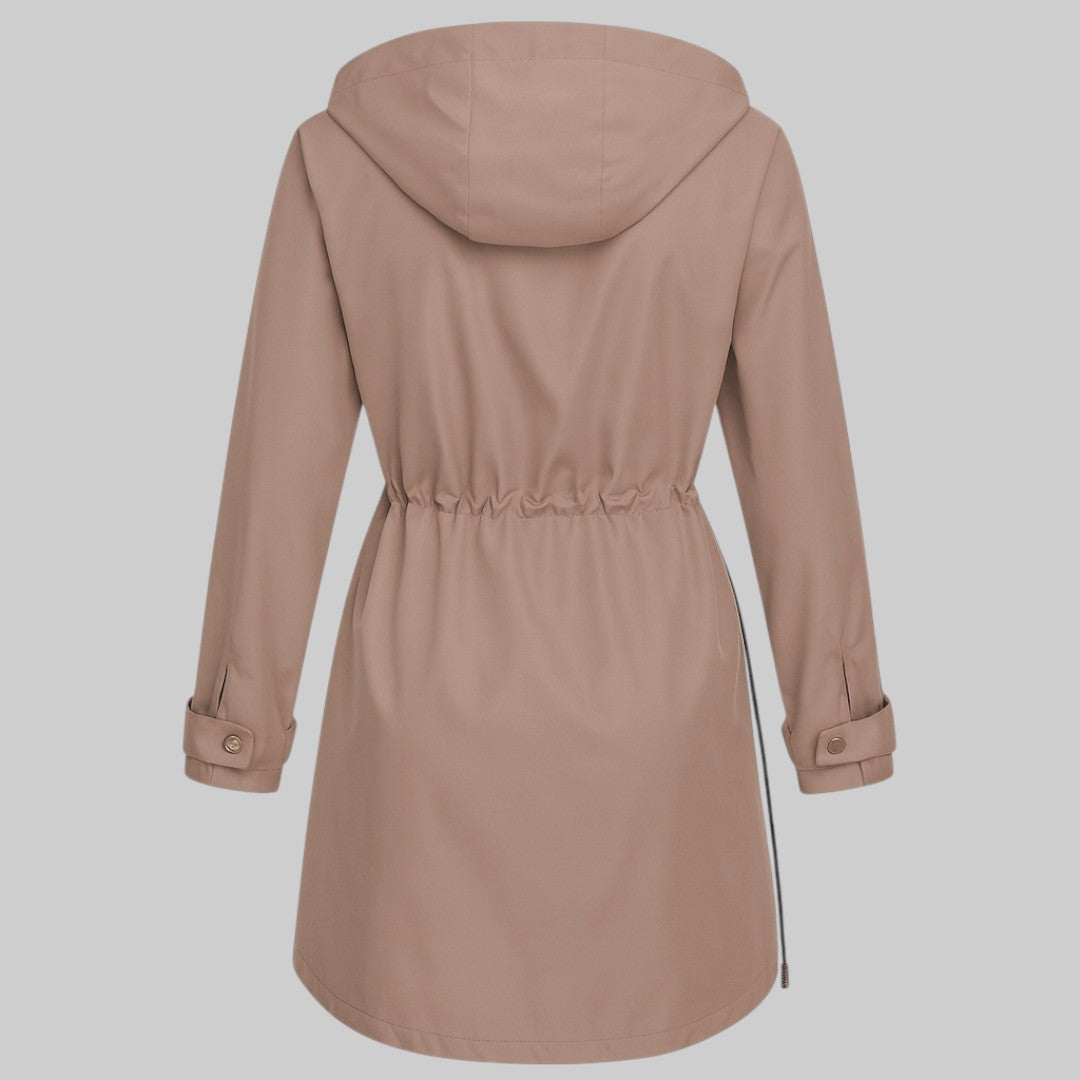 Back view hooded zip coat with plaid hood lining, ruched/belted waist, taupe-beige.