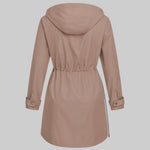 Back view hooded zip coat with plaid hood lining, ruched/belted waist, taupe-beige.