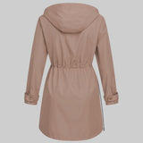 Back view hooded zip coat with plaid hood lining, ruched/belted waist, taupe-beige.