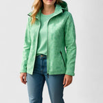 Green hooded zip-up jacket with stand collar, pockets, and drawcord hem
