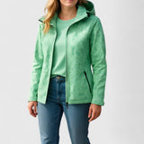 Green hooded zip-up jacket with stand collar, pockets, and drawcord hem