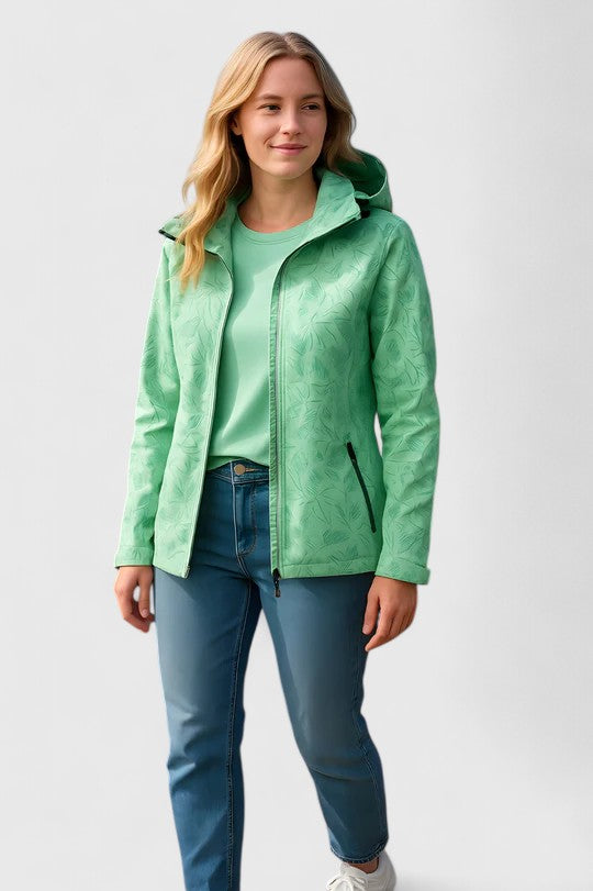 Green hooded zip-up jacket with stand collar, pockets, and drawcord hem