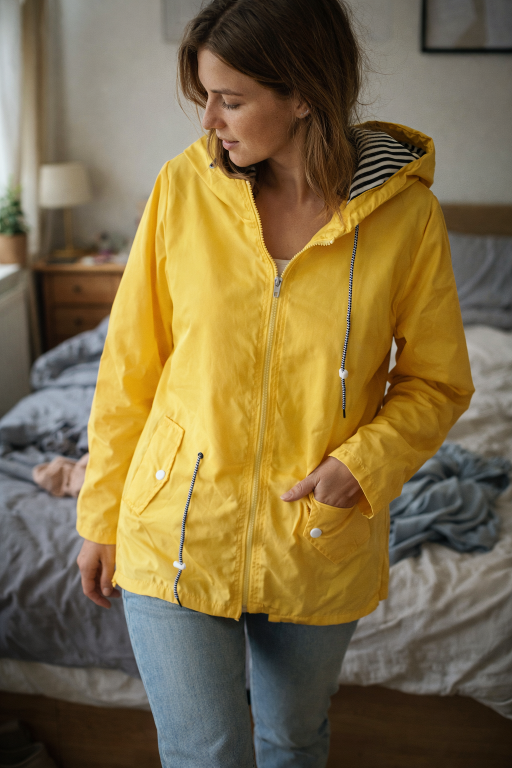 Yellow hooded rain jacket close-up: zip front and buttoned pockets