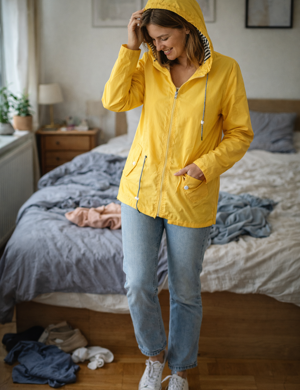Yellow hooded rain jacket with long sleeves, zip front, and front pockets