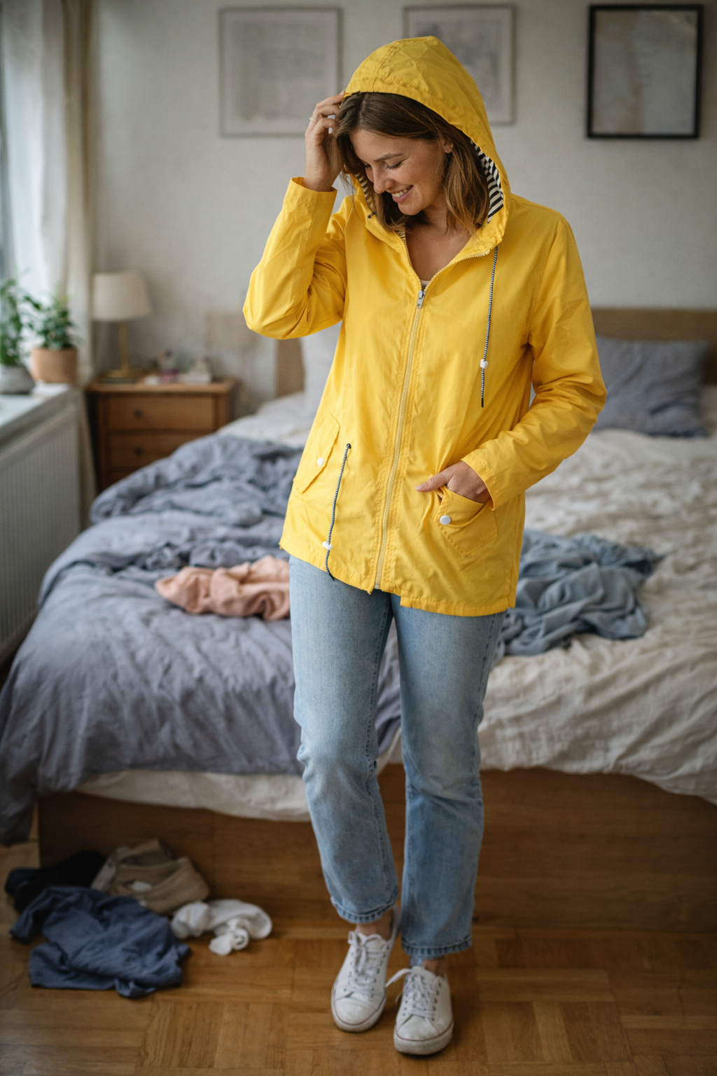 Yellow hooded rain jacket with long sleeves, zip front, and front pockets
