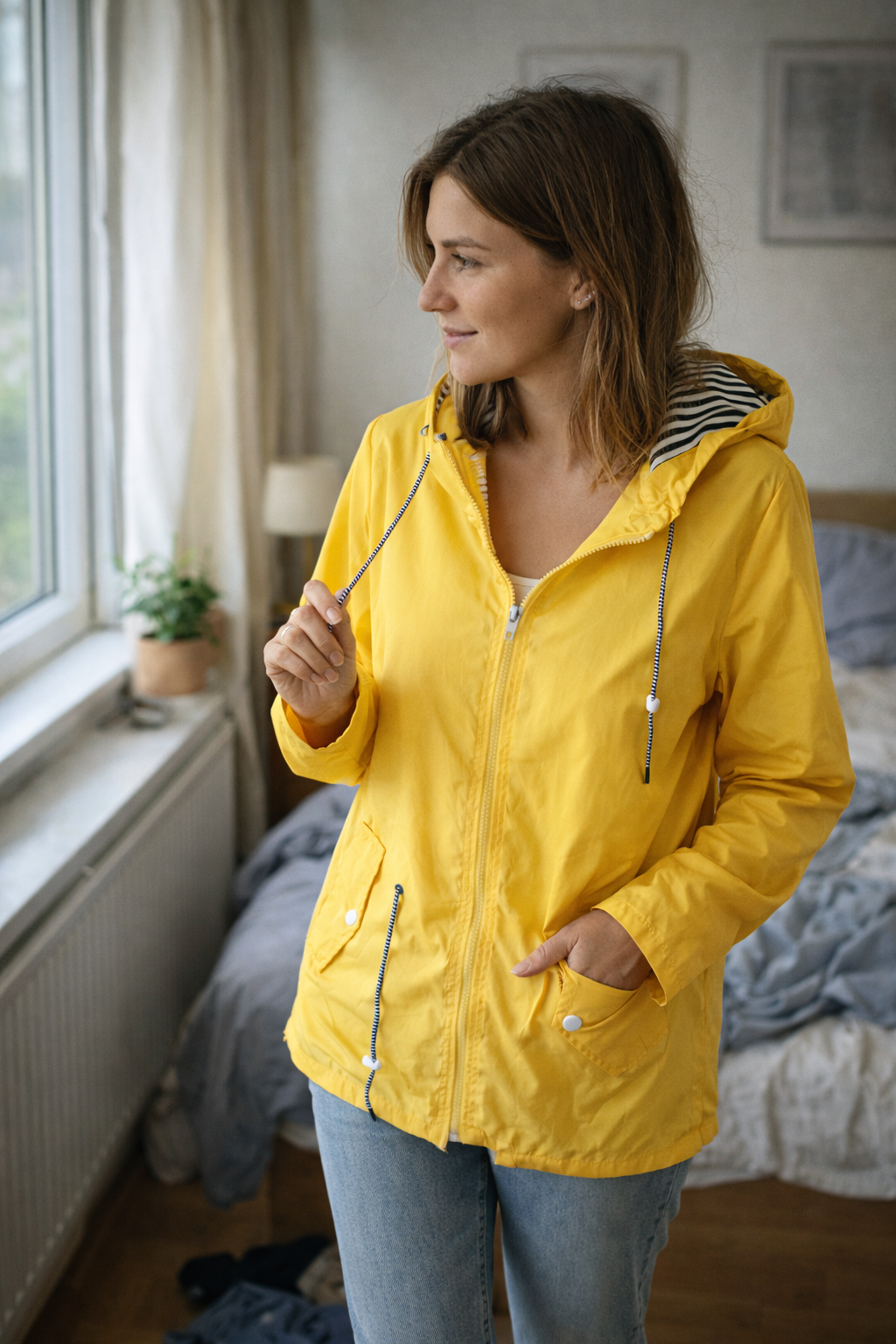 Yellow hooded rain jacket detail: zip front, drawstring hood, and pockets