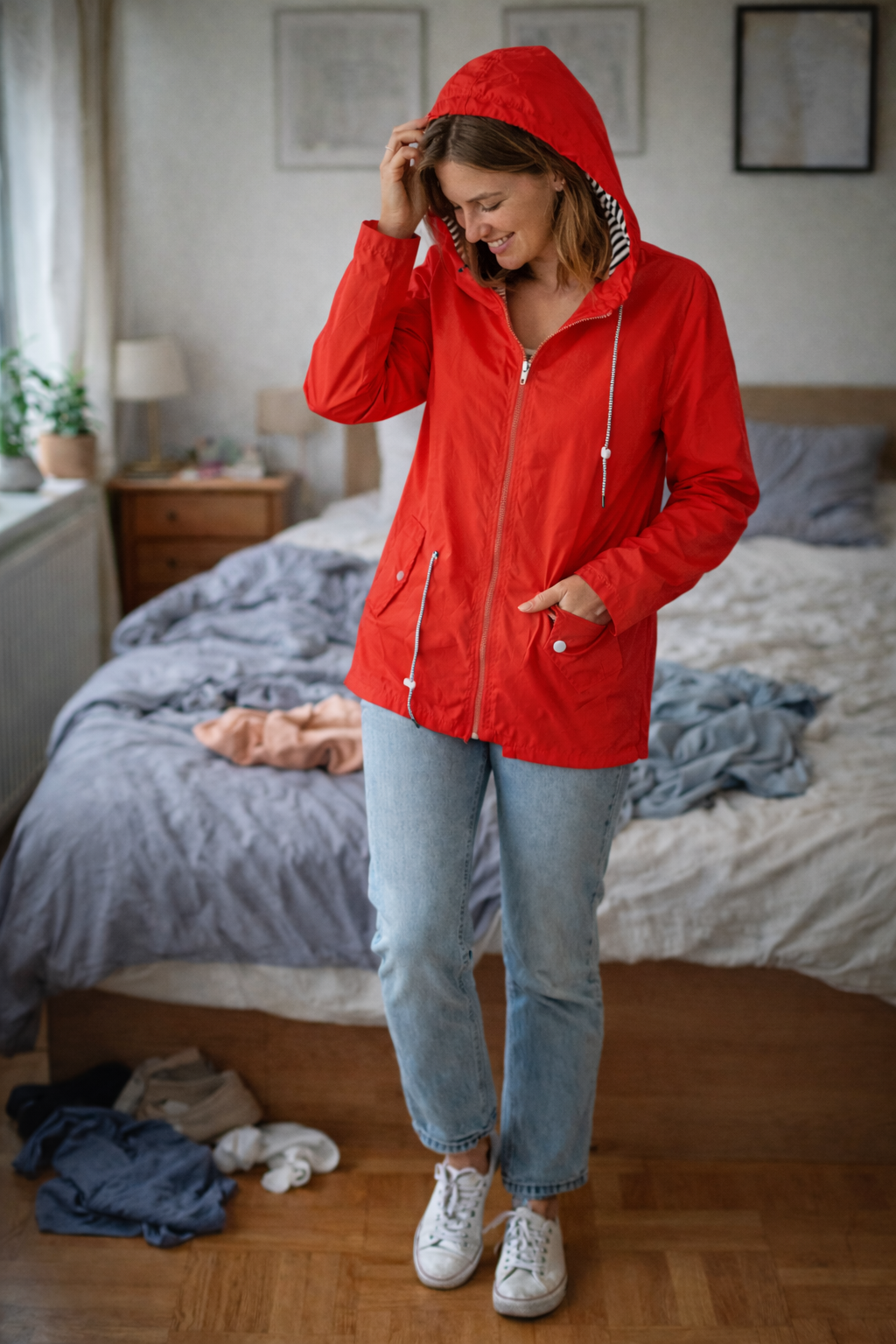 Red hooded rain jacket with long sleeves, zip front, and front pockets