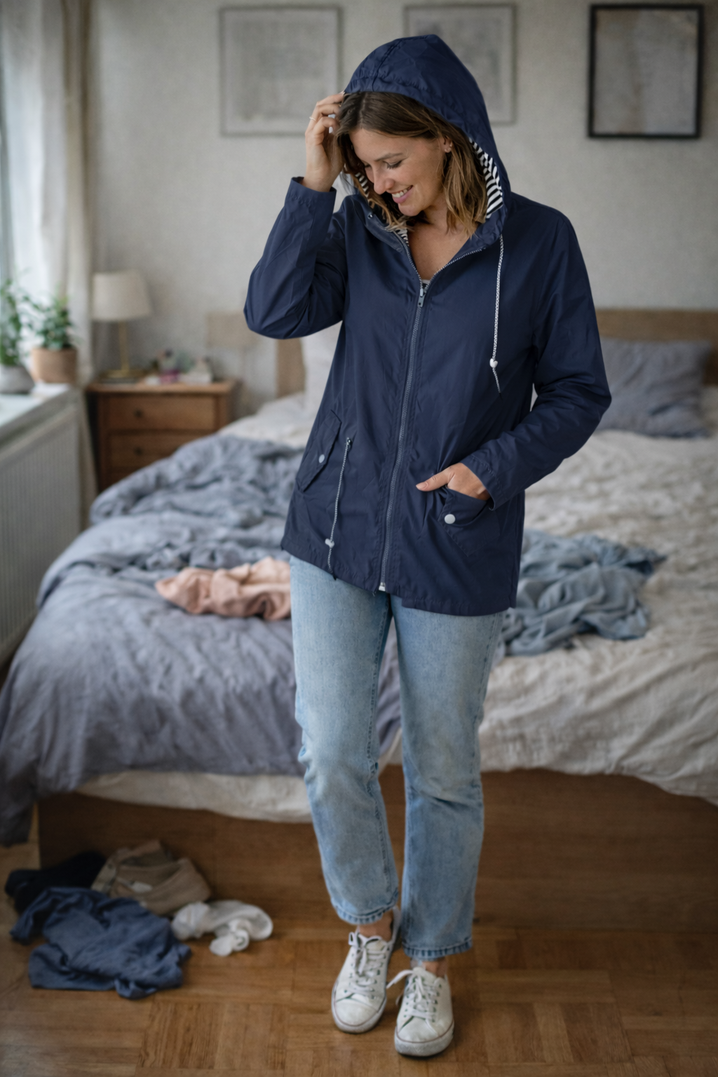 Navy hooded rain jacket with long sleeves, zip front, and front pockets