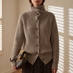Taupe long-sleeve cardigan with button front, ribbed turtleneck collar, asymmetric hem