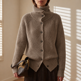 Taupe long-sleeve cardigan with button front, ribbed turtleneck collar, asymmetric hem