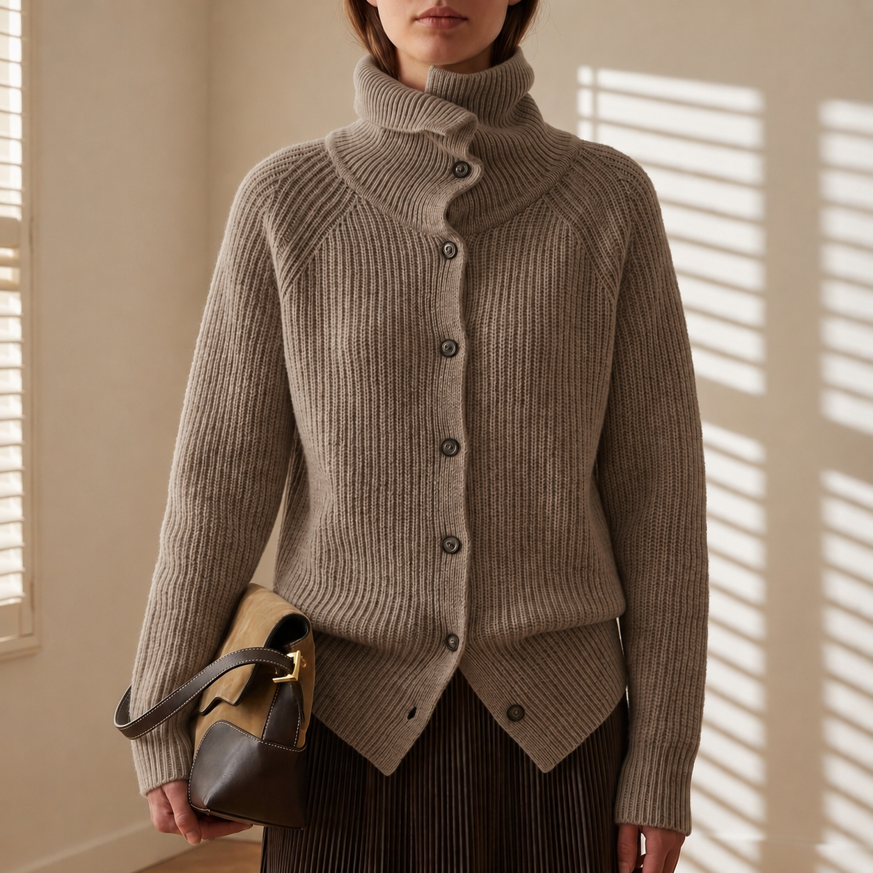Taupe long-sleeve cardigan with button front, ribbed turtleneck collar, asymmetric hem