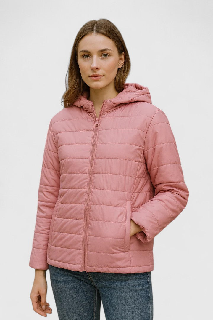 Rose pink hooded puffer jacket with front zipper and quilted baffles
