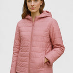 Rose pink hooded puffer jacket with front zipper and quilted baffles