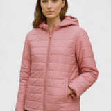 Rose pink hooded puffer jacket with front zipper and quilted baffles