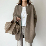 Taupe knit cardigan with button front and long sleeves