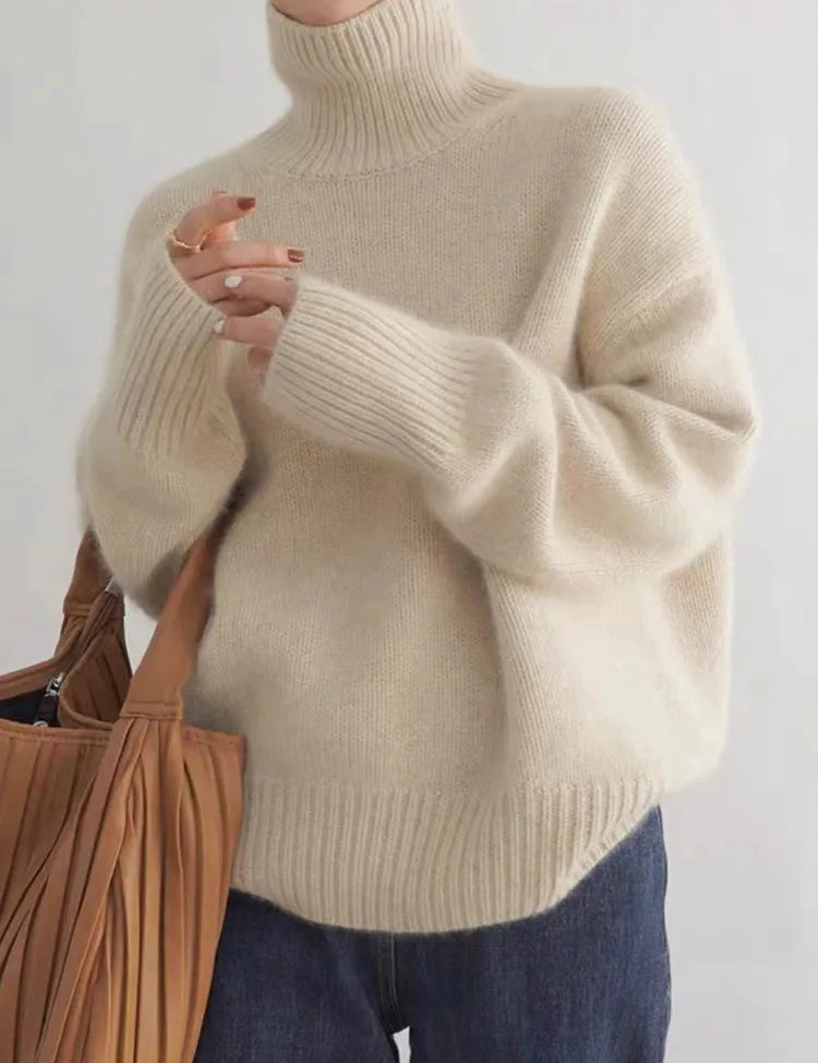 Isabella™ roll-neck sweater in beige, ribbed turtleneck and cuffs