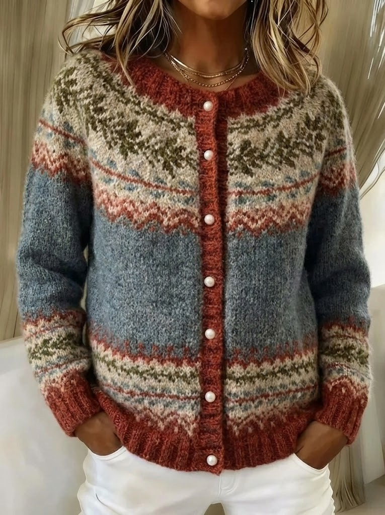 Multicolor knit cardigan with button-front, patterned yoke, and long sleeves