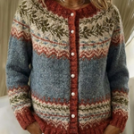 Multicolor knit cardigan with button-front, patterned yoke, and long sleeves