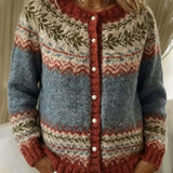 Multicolor knit cardigan with button-front, patterned yoke, and long sleeves