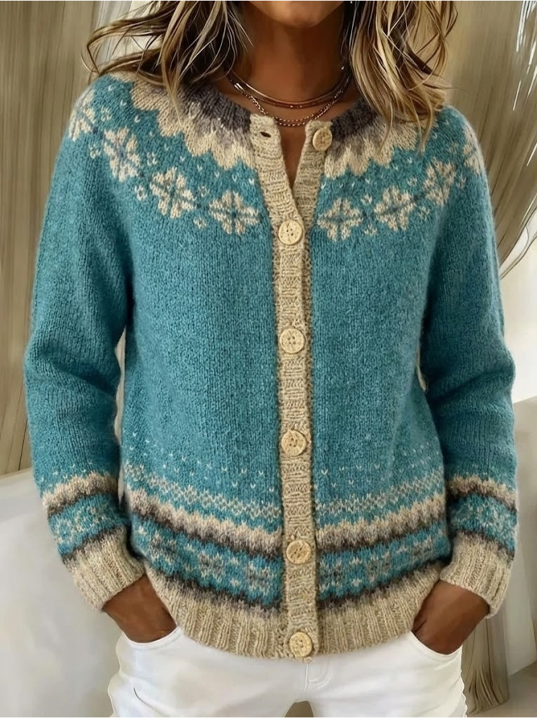 Blue knit cardigan with button-front, fair-isle yoke, and long sleeves