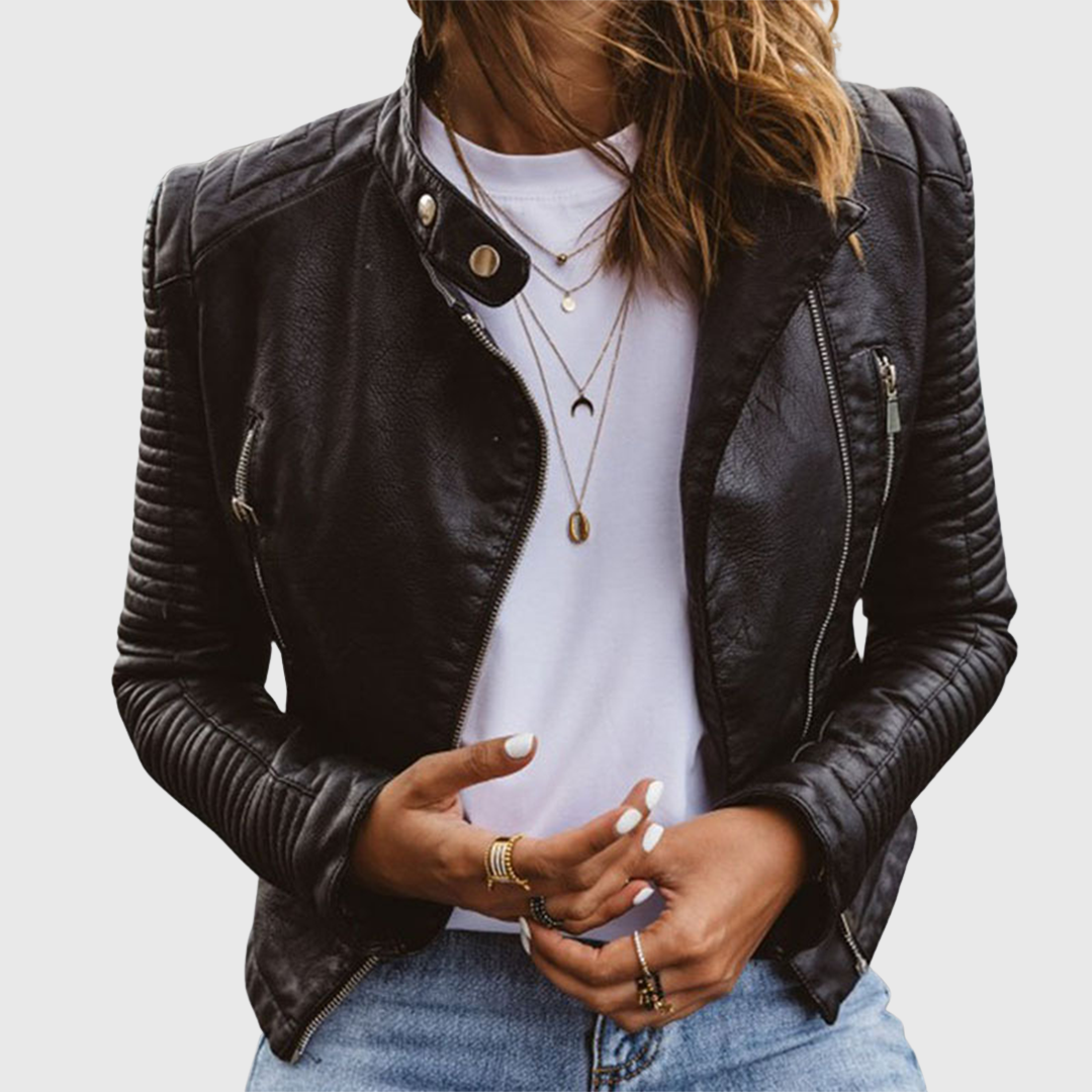 Dark leather biker jacket with zip front, snap collar, and zip pockets