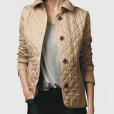 Beige quilted jacket detail with dark buttons and two chest pockets