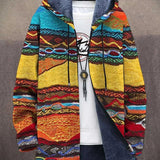 Hooded full-zip cardigan with colorful illustrated pattern and dark fleece hood lining