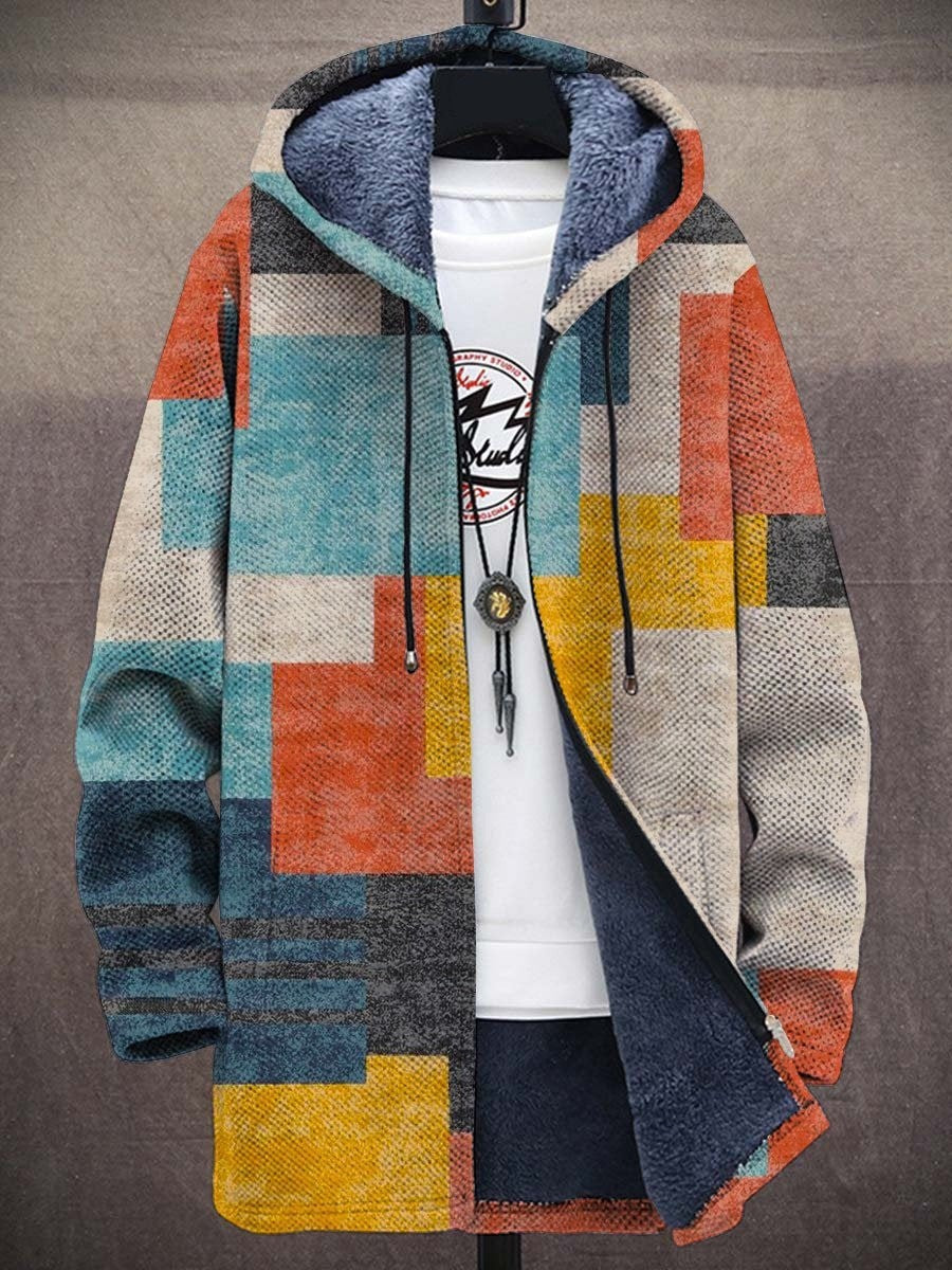 Hooded full-zip cardigan with multicolor patchwork squares and dark fleece hood lining