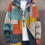 Hooded full-zip cardigan with multicolor patchwork squares and dark fleece hood lining
