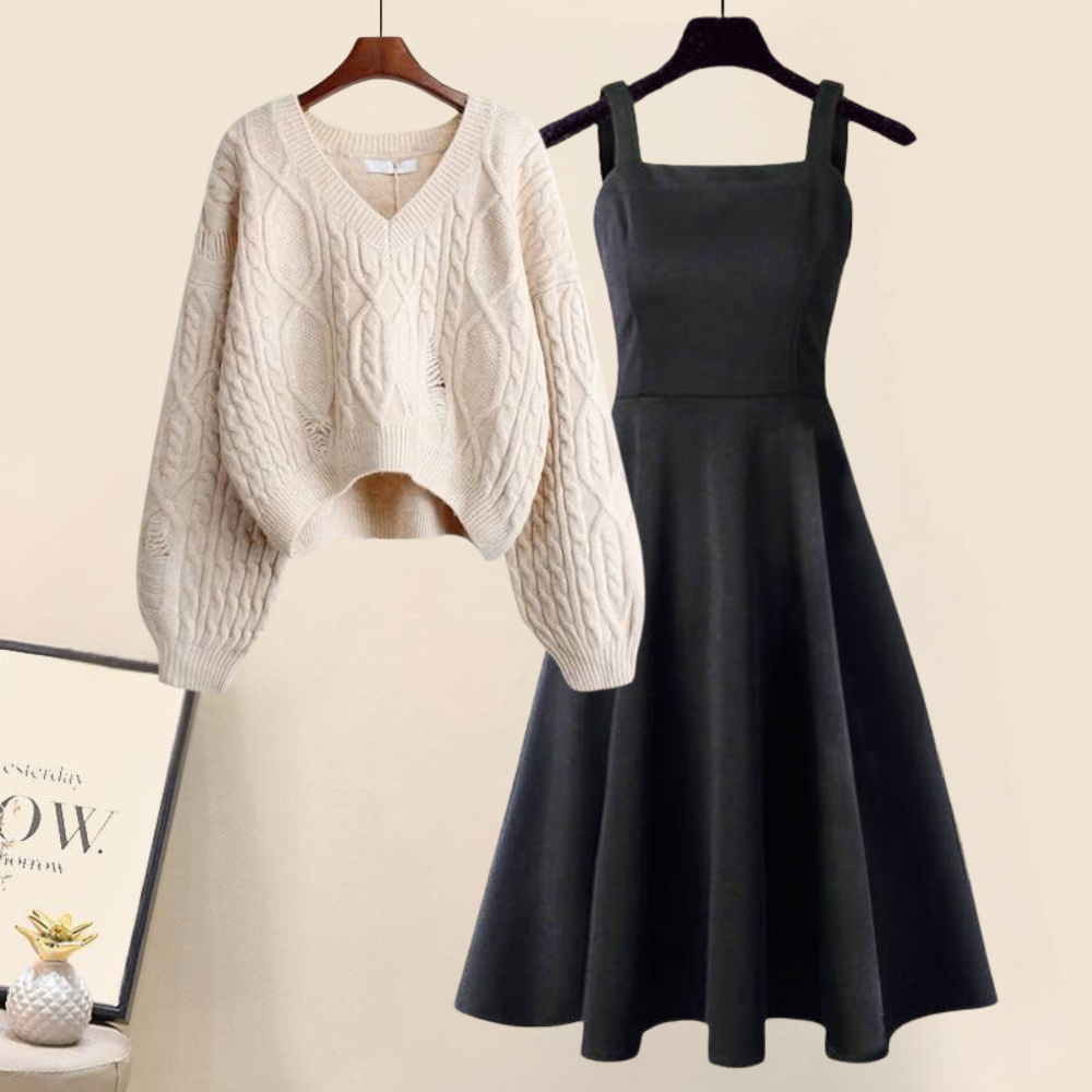 Two-piece set: cream cable V-neck knit sweater with dark fishtail skirt