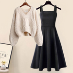 Two-piece set: cream cable V-neck knit sweater with dark fishtail skirt