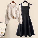 Two-piece set: cream cable V-neck knit sweater with dark fishtail skirt
