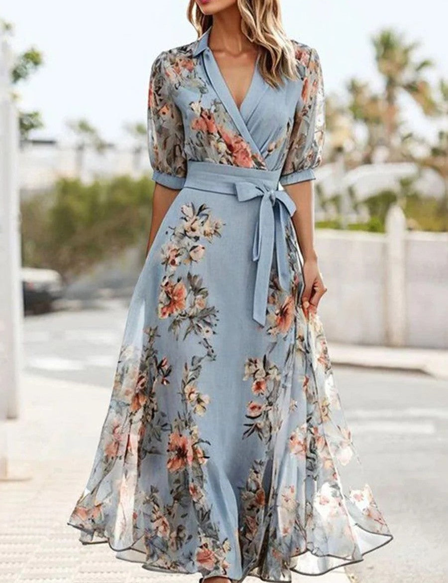 Elsie™ floral midi dress in light blue, V-neck, tie waist, semi-sheer short sleeves