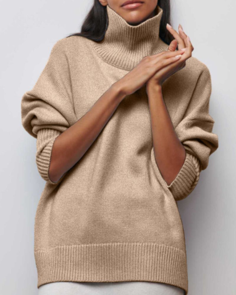 Beige/taupe turtleneck sweater with chunky ribbed collar and cuffs