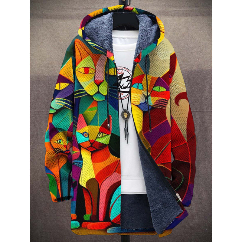 Elandra™ hooded cardigan with multicolor cat art print, zip front, dark faux-fur trim