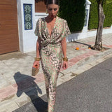 Midi wrap dress, light green and pink abstract pattern, gathered waist and short cuffed sleeves