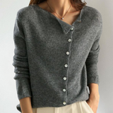 Asymmetrical button cardigan, gray knit, long sleeves, V-neck front