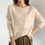 Asymmetrical button cardigan, beige knit, long sleeves, V-neck front