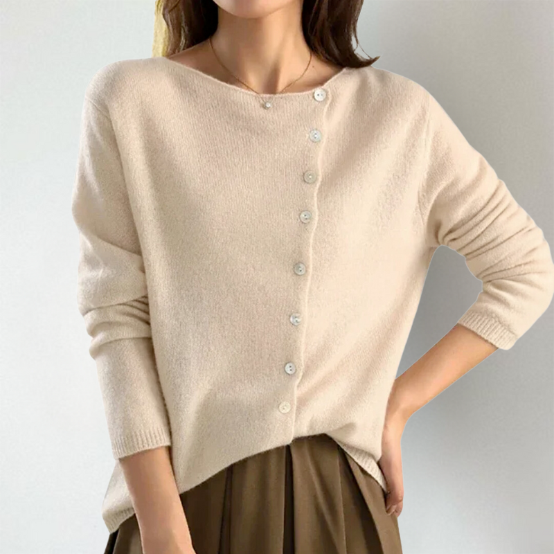 Asymmetrical button cardigan, beige knit, long sleeves, V-neck front