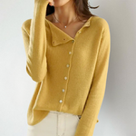 Asymmetrical button cardigan, yellow knit, long sleeves, V-neck front