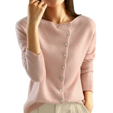 Asymmetrical button cardigan, pink knit, long sleeves, V-neck front