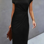 Elegant black midi dress with short cap sleeves and round neckline, ruched waist