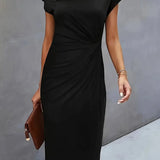 Elegant black midi dress with short cap sleeves and round neckline, ruched waist