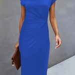 Elegant blue midi dress with short cap sleeves and round neckline, ruched waist