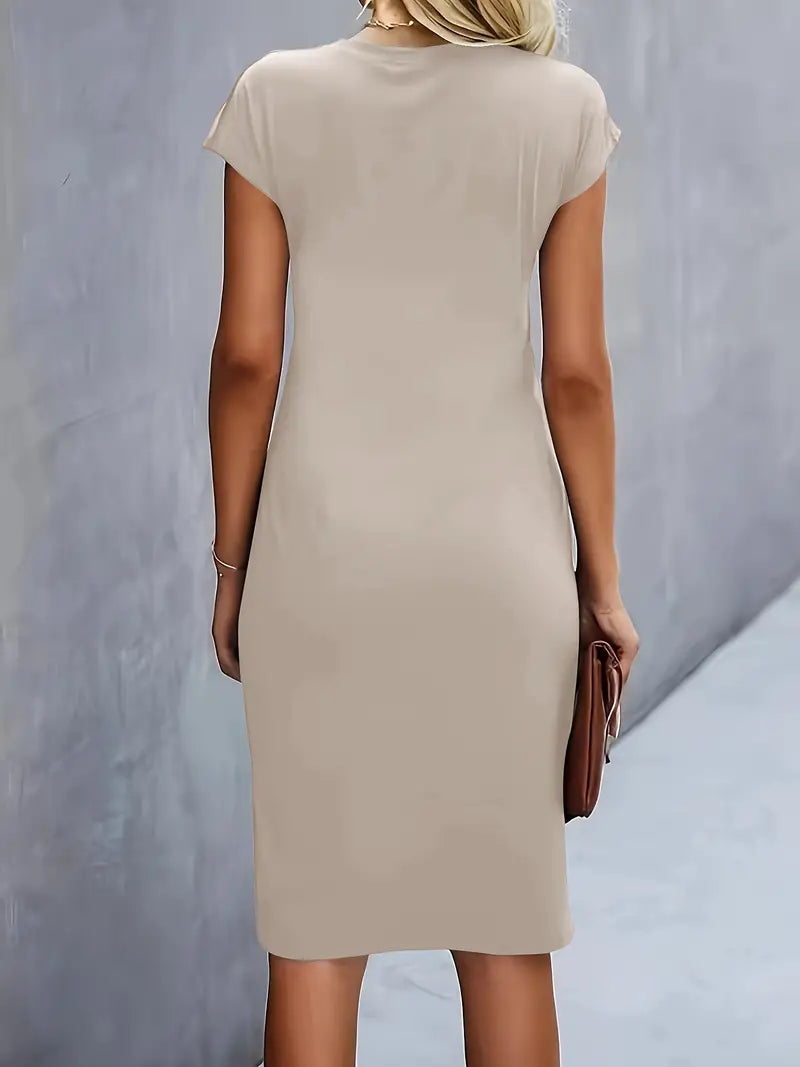 Elegant beige midi dress with short cap sleeves and round neckline, back view