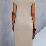 Elegant beige midi dress with short cap sleeves and round neckline, back view