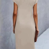 Elegant beige midi dress with short cap sleeves and round neckline, back view