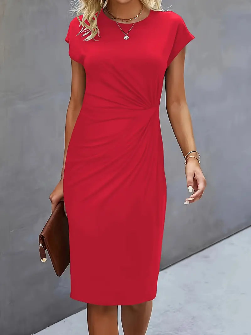 Elegant red midi dress with short cap sleeves and round neckline, ruched waist