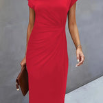 Elegant red midi dress with short cap sleeves and round neckline, ruched waist