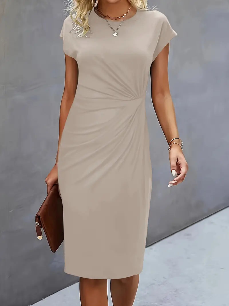 Elegant beige midi dress with short cap sleeves and round neckline, ruched waist